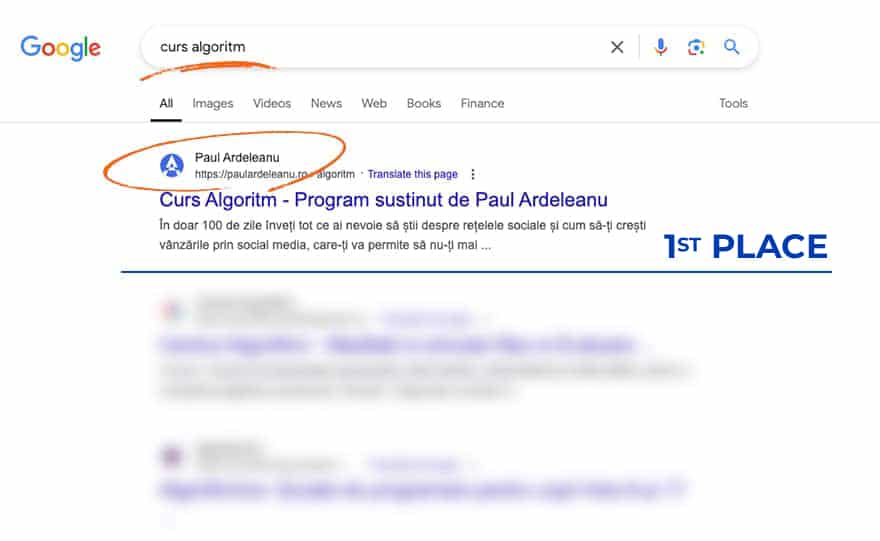 O căutare pe Google pentru "curs algoritm" arată ca prim rezultat "Curs Algoritm - Program susținut de Paul Ardeleanu", cu site-ul &icirc;ncercuit și etichetat "Locul 1.