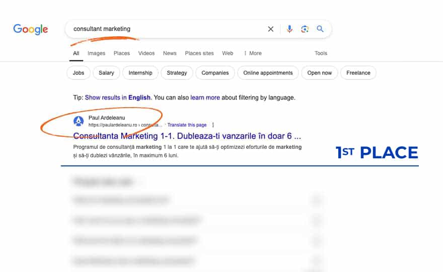Pagina cu rezultatele căutării Google pentru "consultant marketing", cu primul rezultat evidențiat și etichetat "Locul 1".