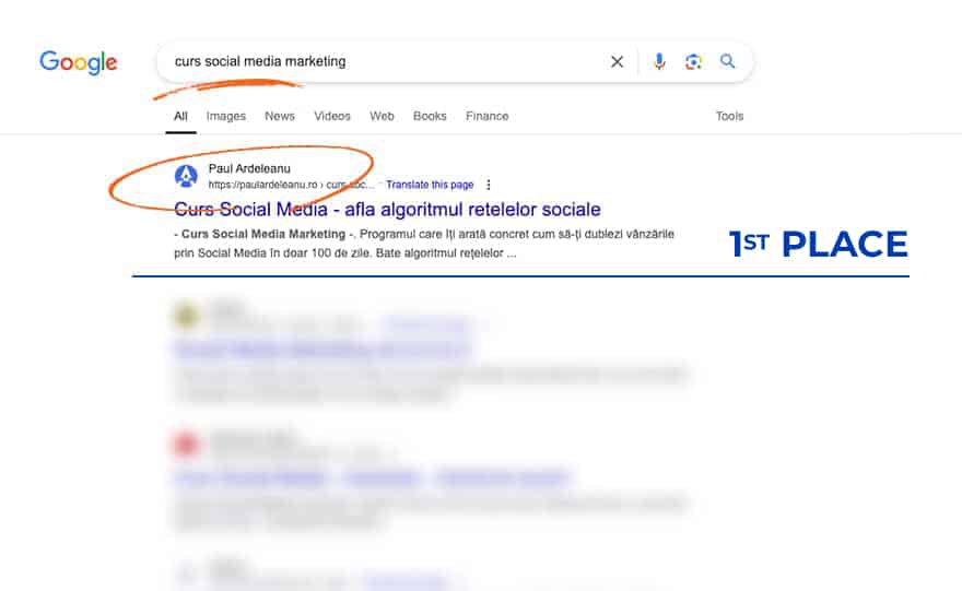 Pagina de rezultate a căutării Google pentru "curs social media marketing" care arată primul rezultat cu site-ul lui Paul Ardeleanu evidențiat și marcat ca "1st PLACE.